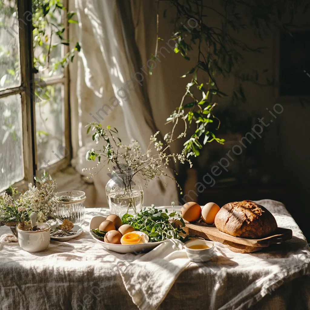 Organic brunch featuring eggs and artisan bread displayed on a linen tablecloth with morning light. - Image 4