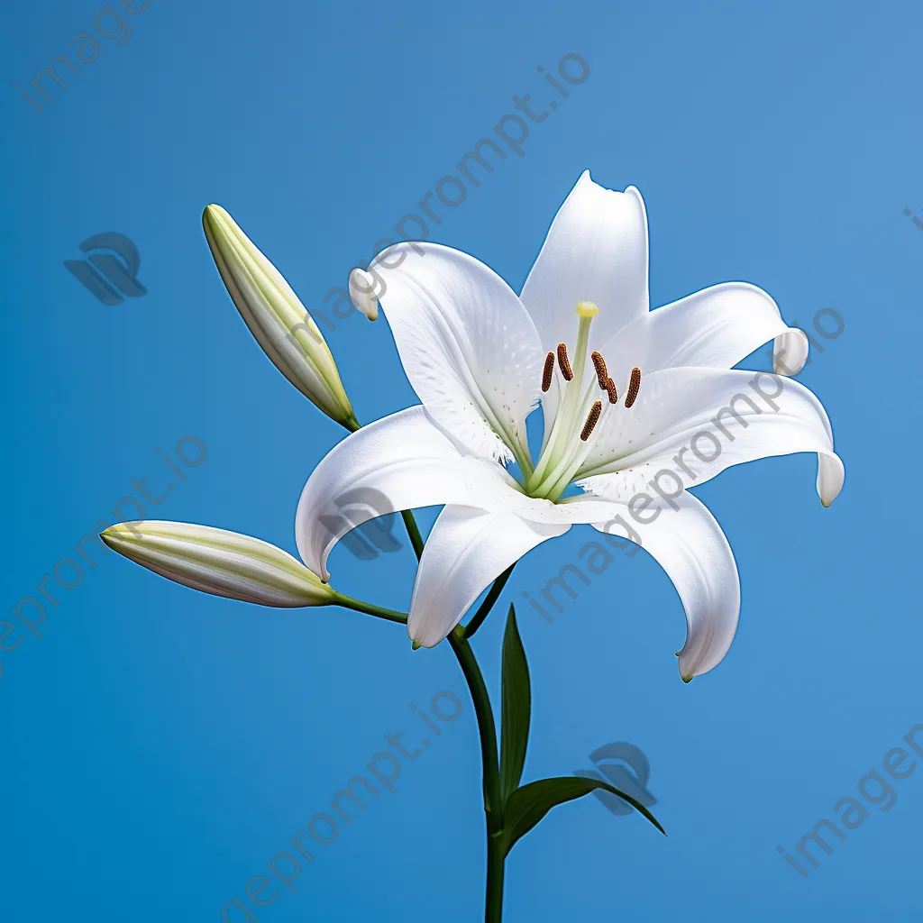 Single white lily on blue background - Image 1