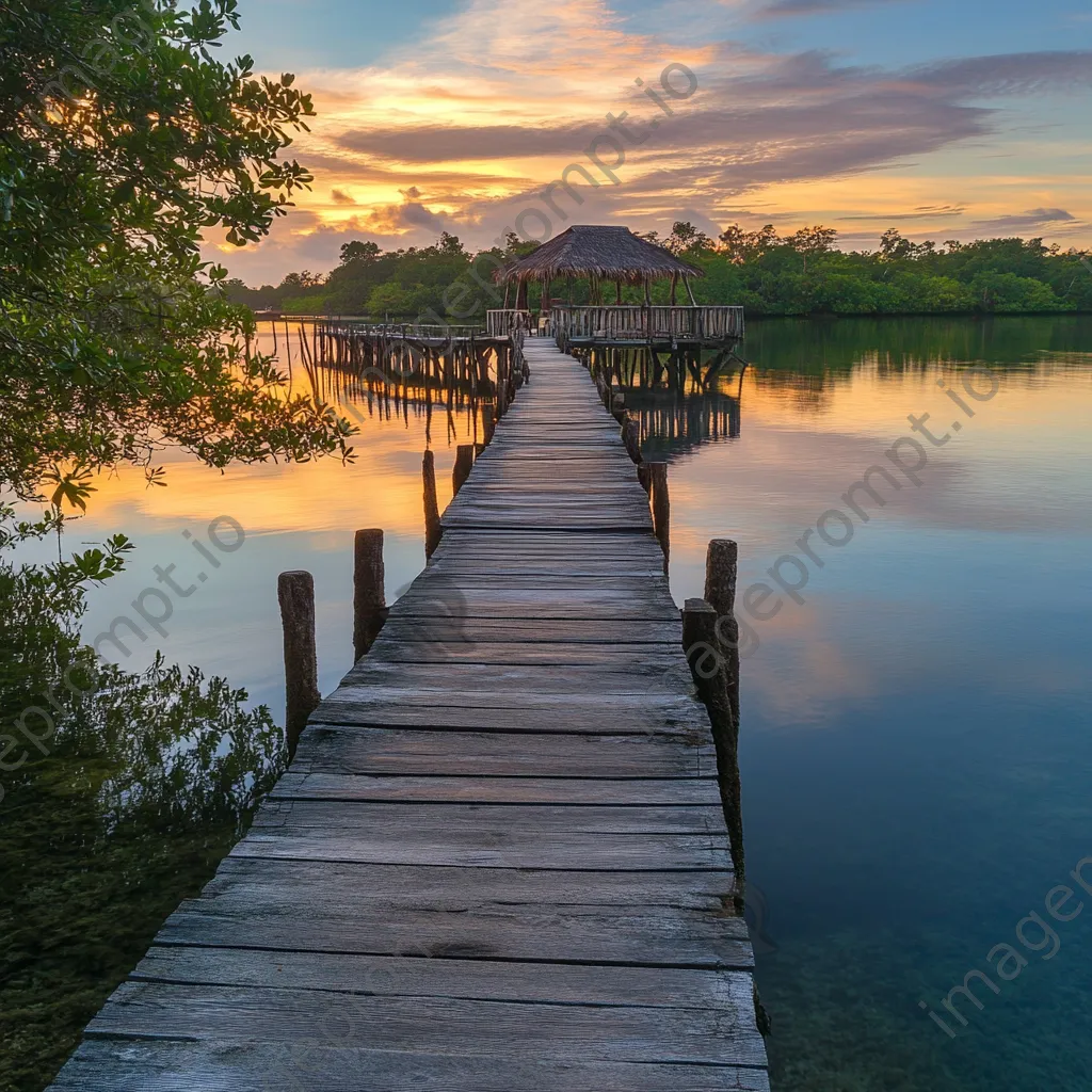 Wooden pier extending into lagoon on tropical island - Image 1