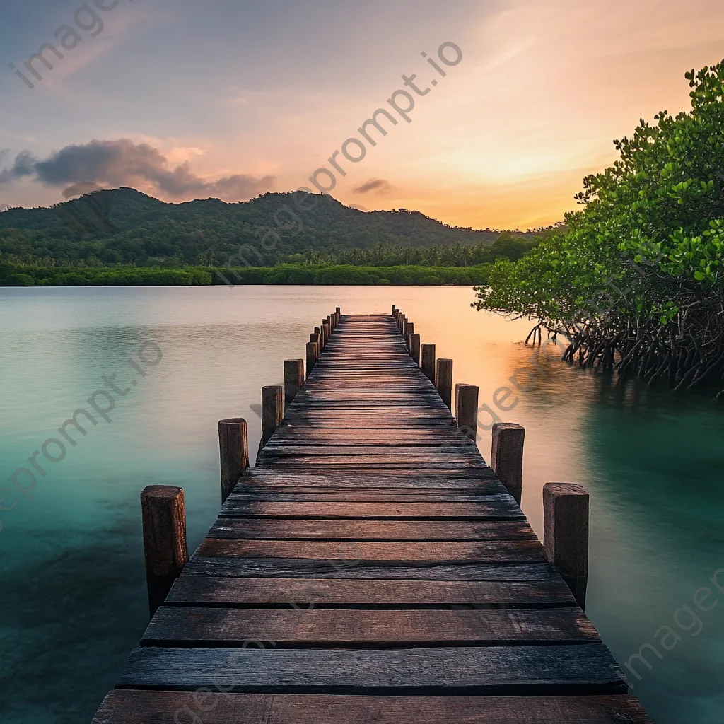 Wooden pier extending into lagoon on tropical island - Image 2