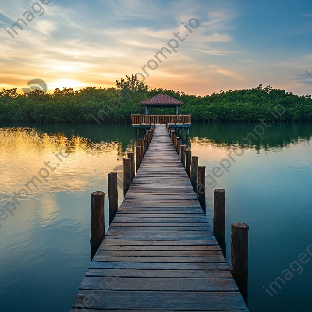 Wooden pier extending into lagoon on tropical island - Image 4