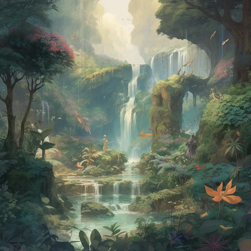 Image showing ethereal Garden of Eden with lush greenery and exotic animals - Image 1