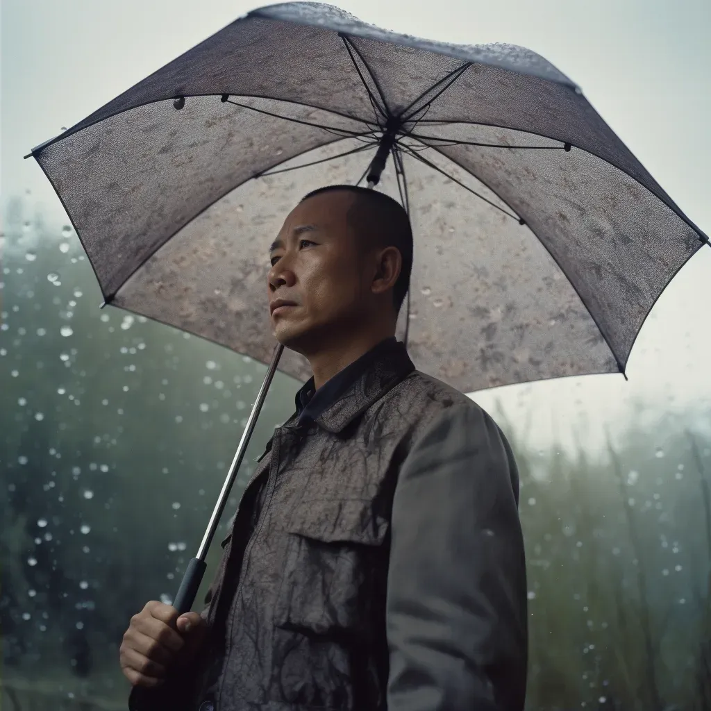 Man holding umbrella under clear sky with raindrops falling inside - Image 2