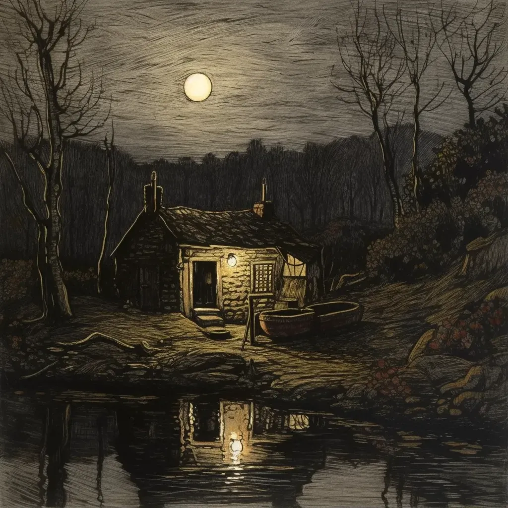 Cabin by lake at night with warm glowing lights - Image 1