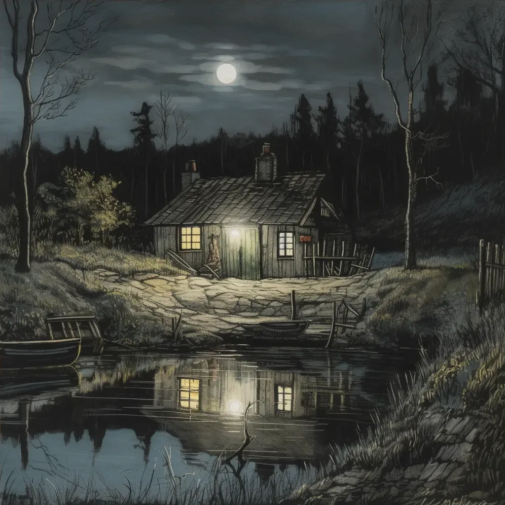 Cabin by lake at night with warm glowing lights - Image 4