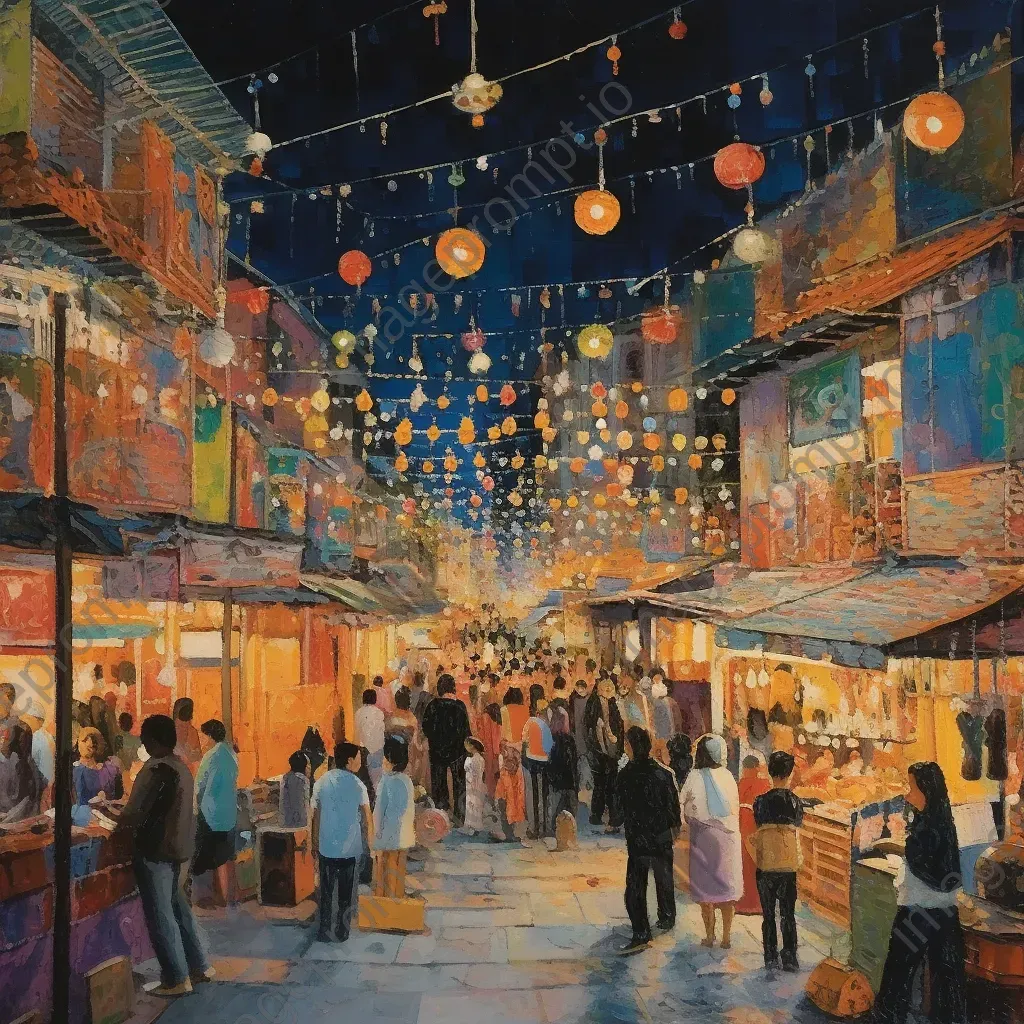 Night market with colorful stalls and twinkling fairy lights - Image 1