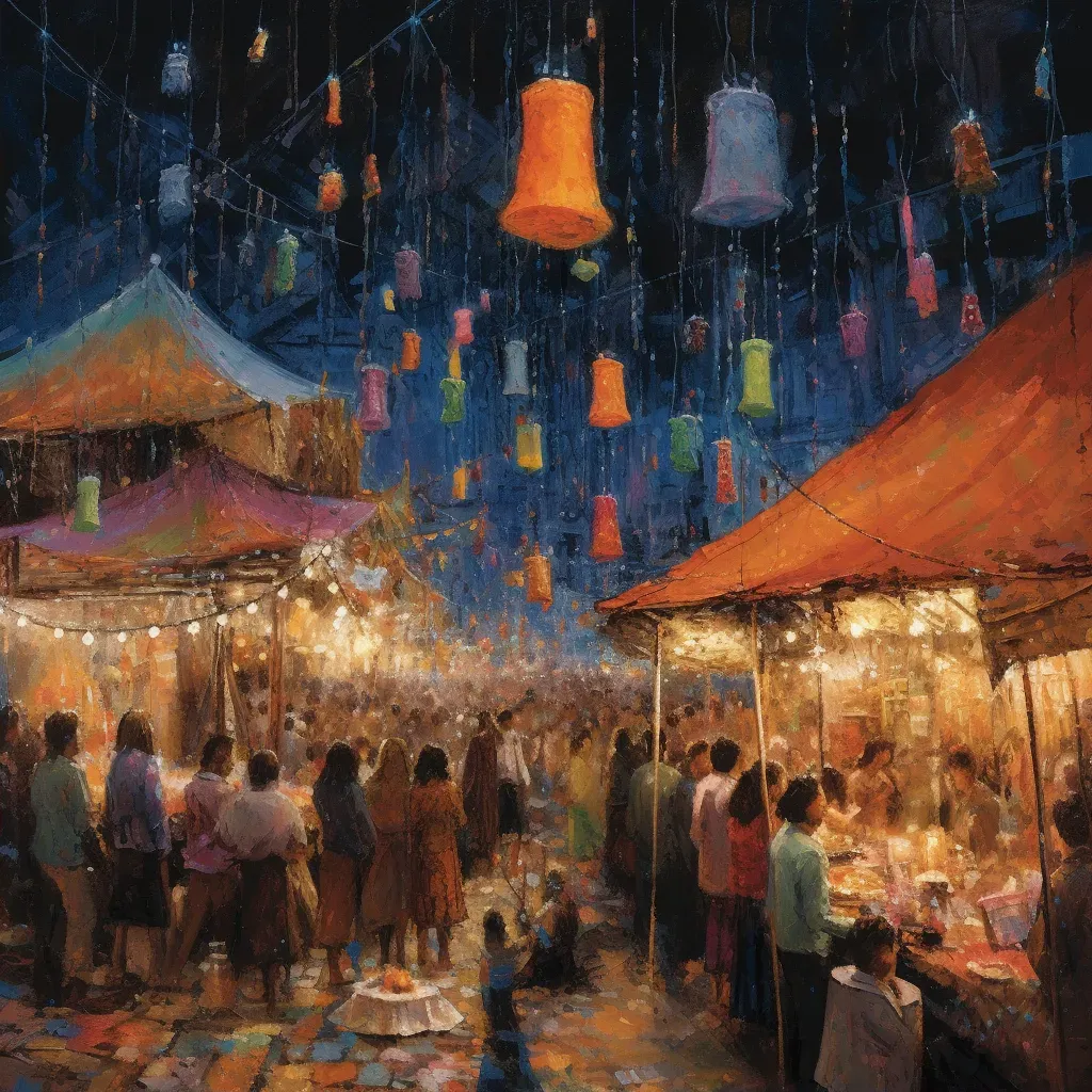 Colorful Night Market with Fairy Lights