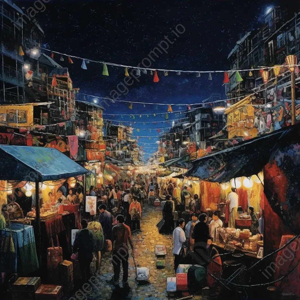 Night market with colorful stalls and twinkling fairy lights - Image 3