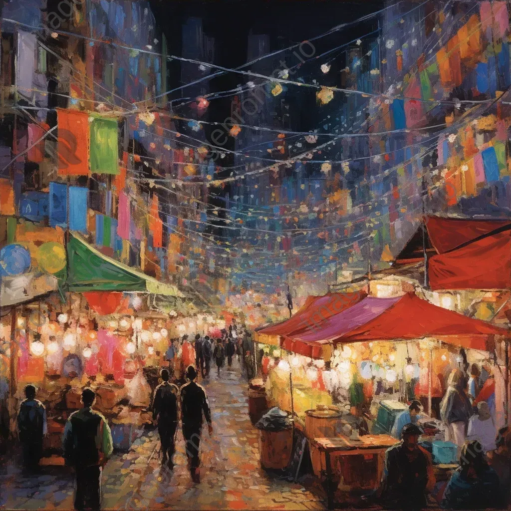 Night market with colorful stalls and twinkling fairy lights - Image 4