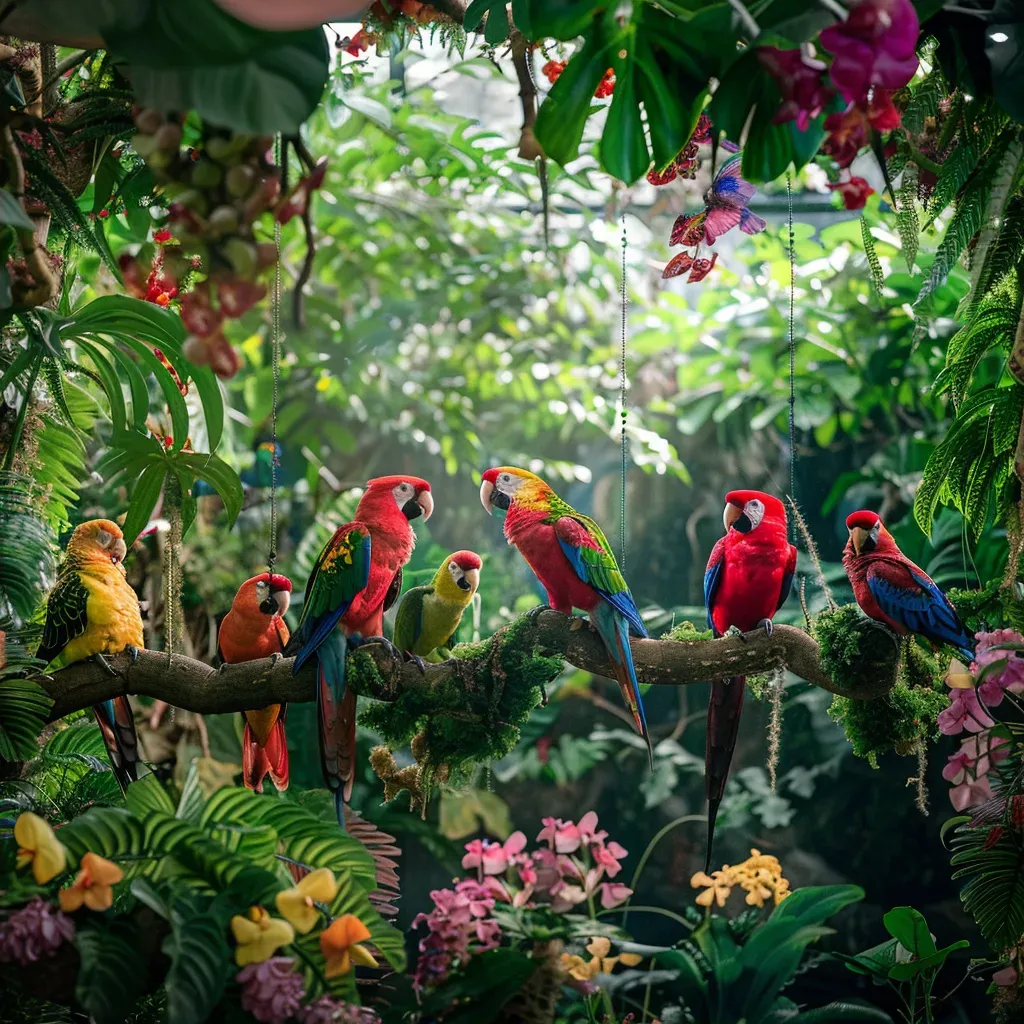 Diverse array of colorful tropical birds perched in a lush aviary - Image 2