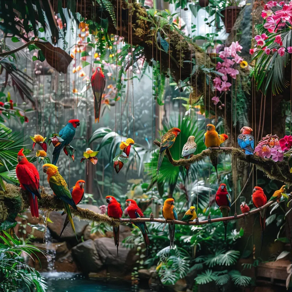 Diverse array of colorful tropical birds perched in a lush aviary - Image 3