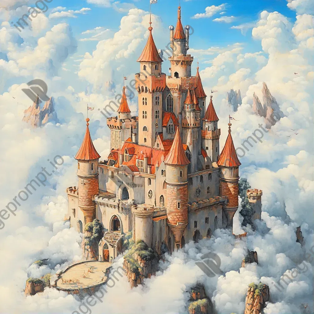 Colorful and whimsical castle in the clouds with an array of chaotic elements - Image 1