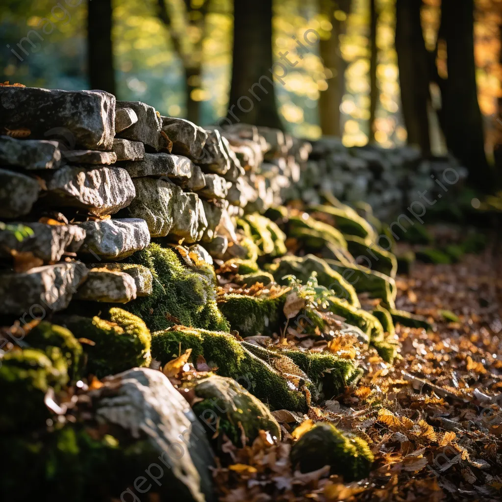 Close-up of textures on a dry stone wall with soft sunlight. - Image 1