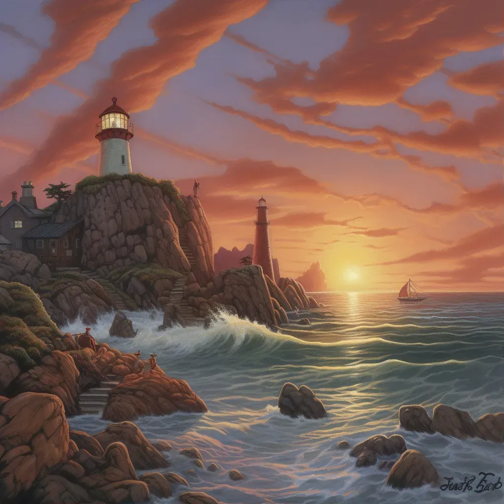 Lighthouse on rocky coastline at sunset - Image 1