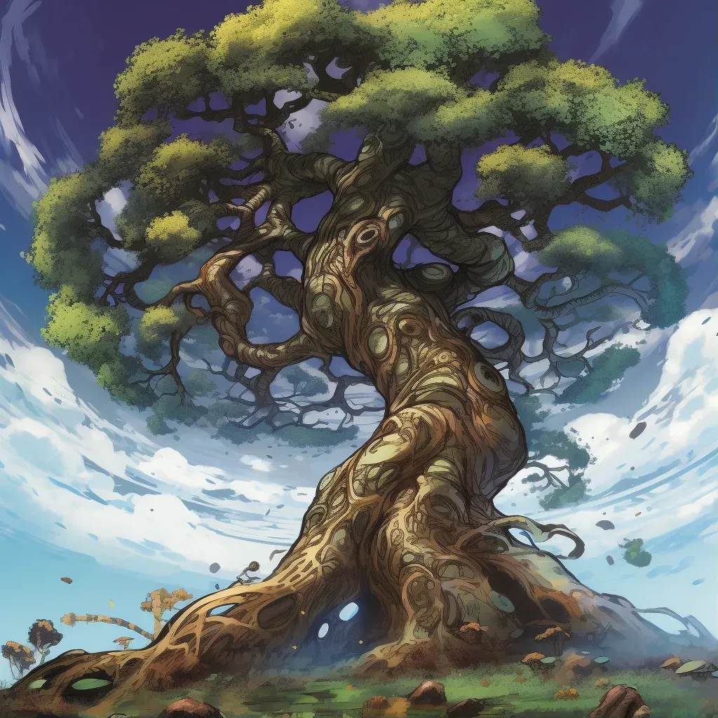 Ancient tree uniting worlds with magical fusion - Image 1