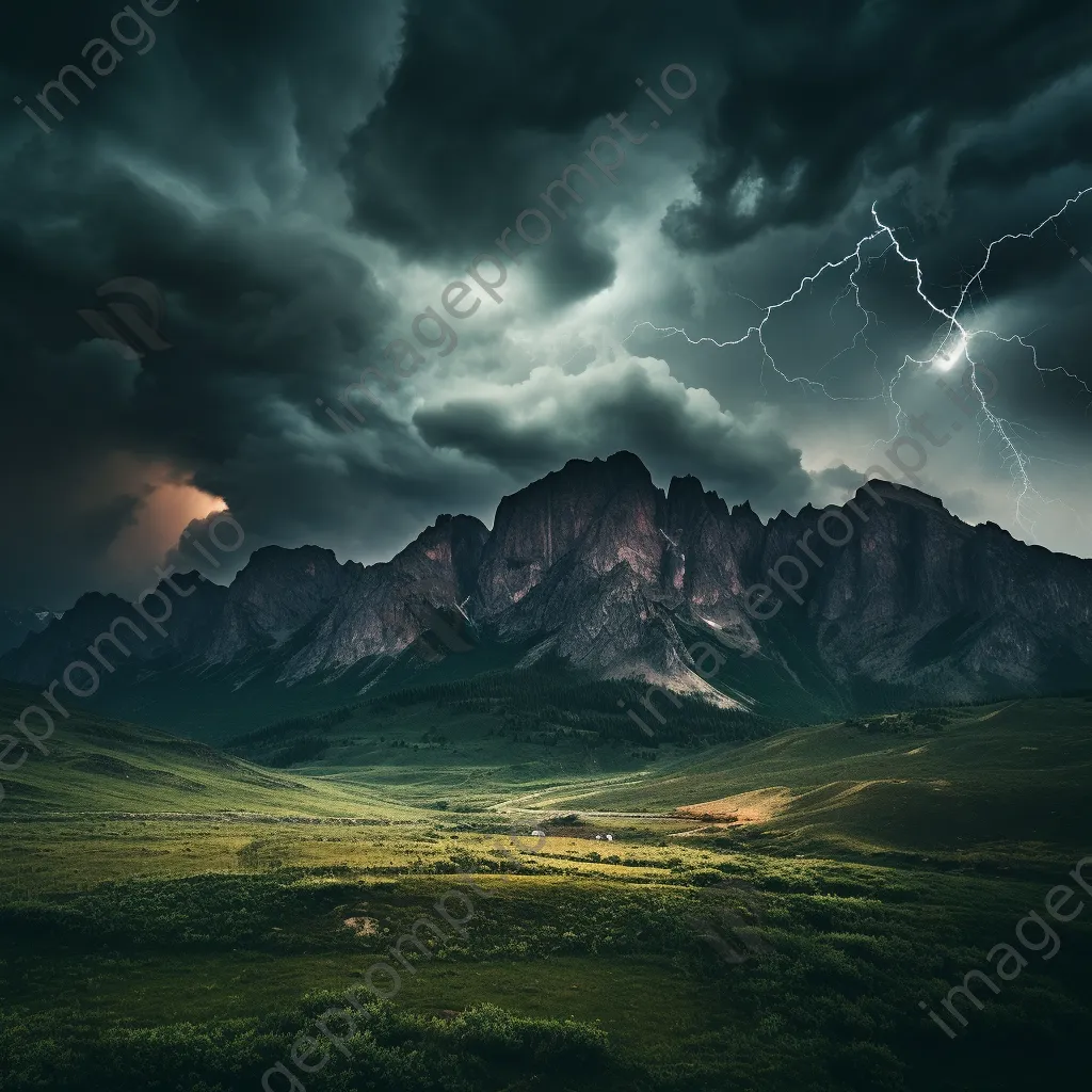 Thunderstorm with lightning striking mountains under dramatic clouds. - Image 1