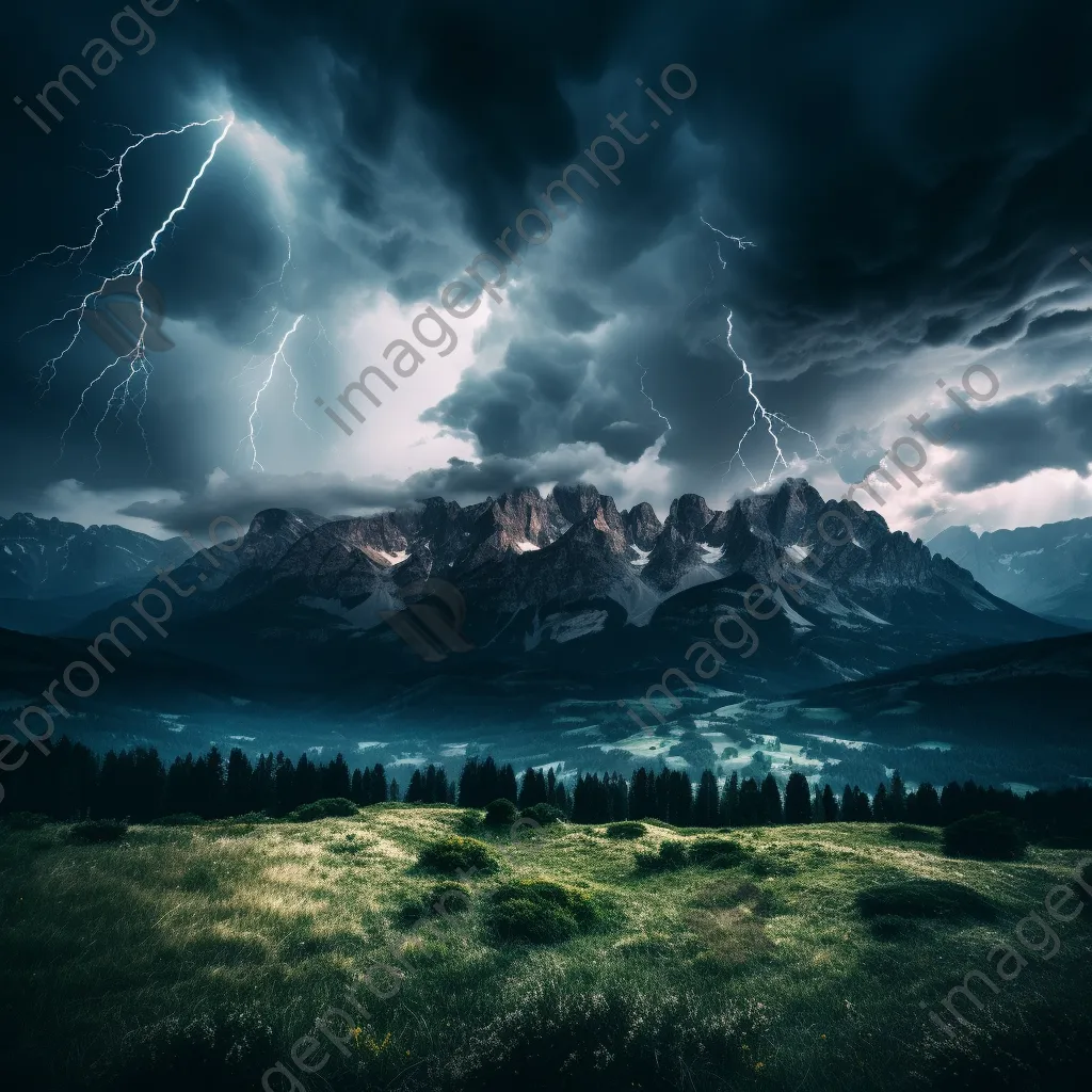 Thunderstorm with lightning striking mountains under dramatic clouds. - Image 2