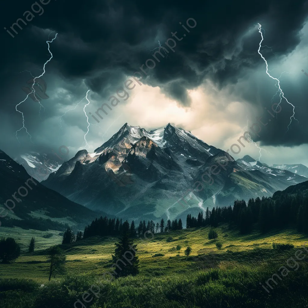 Thunderstorm with lightning striking mountains under dramatic clouds. - Image 3