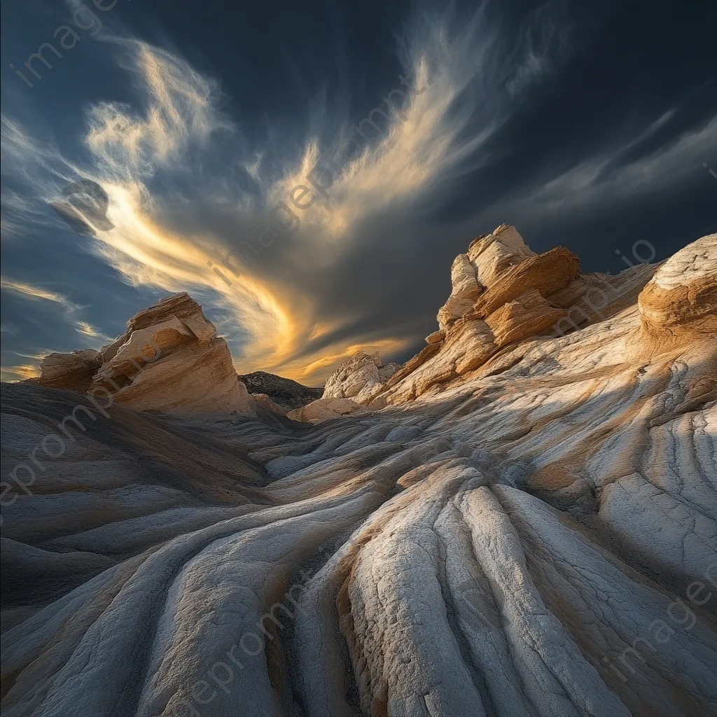 Swirling clouds above striking desert rock formations - Image 1