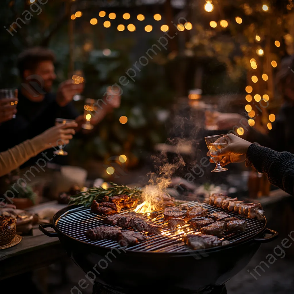 Friends toasting with drinks by a grill at dusk - Image 1