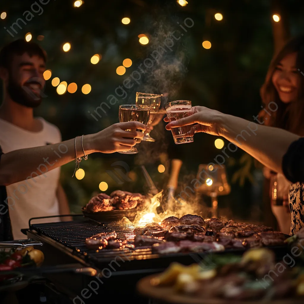 Friends toasting with drinks by a grill at dusk - Image 2