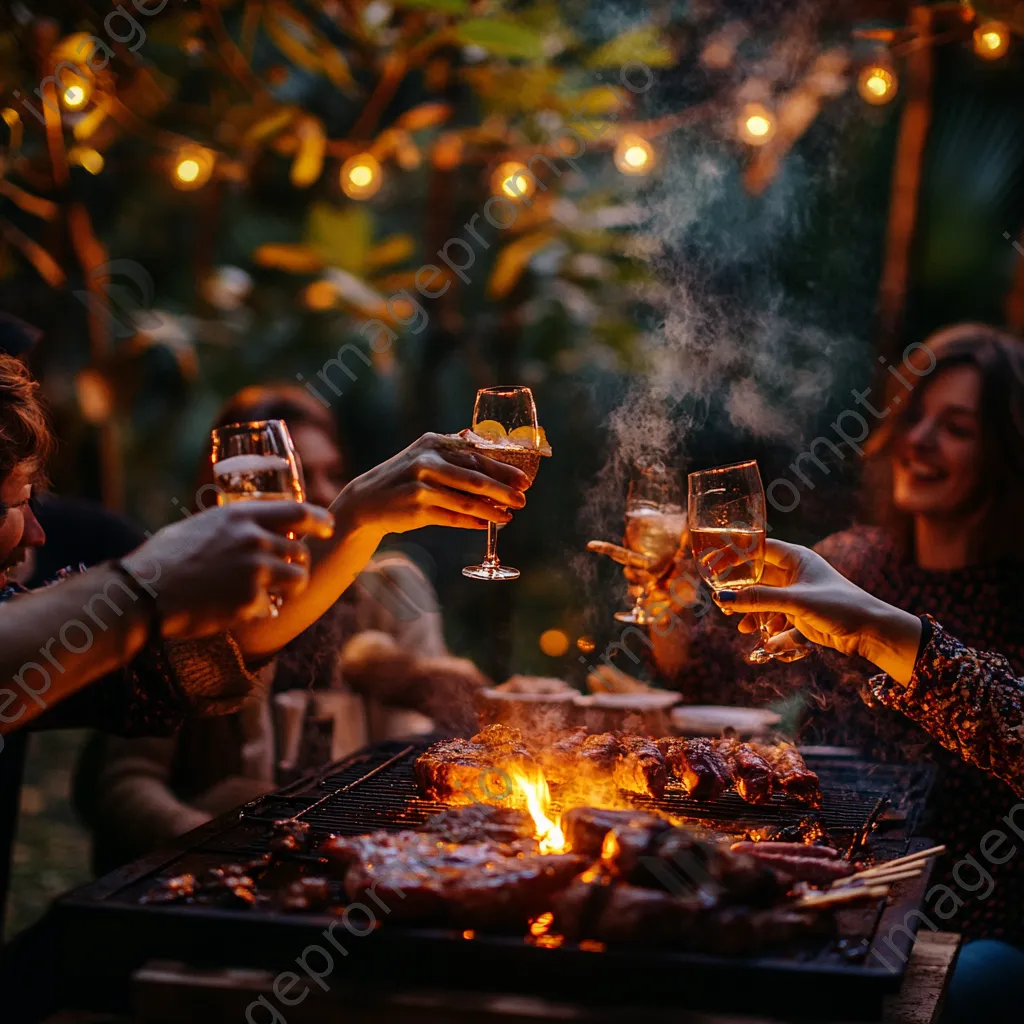 Friends toasting with drinks by a grill at dusk - Image 3