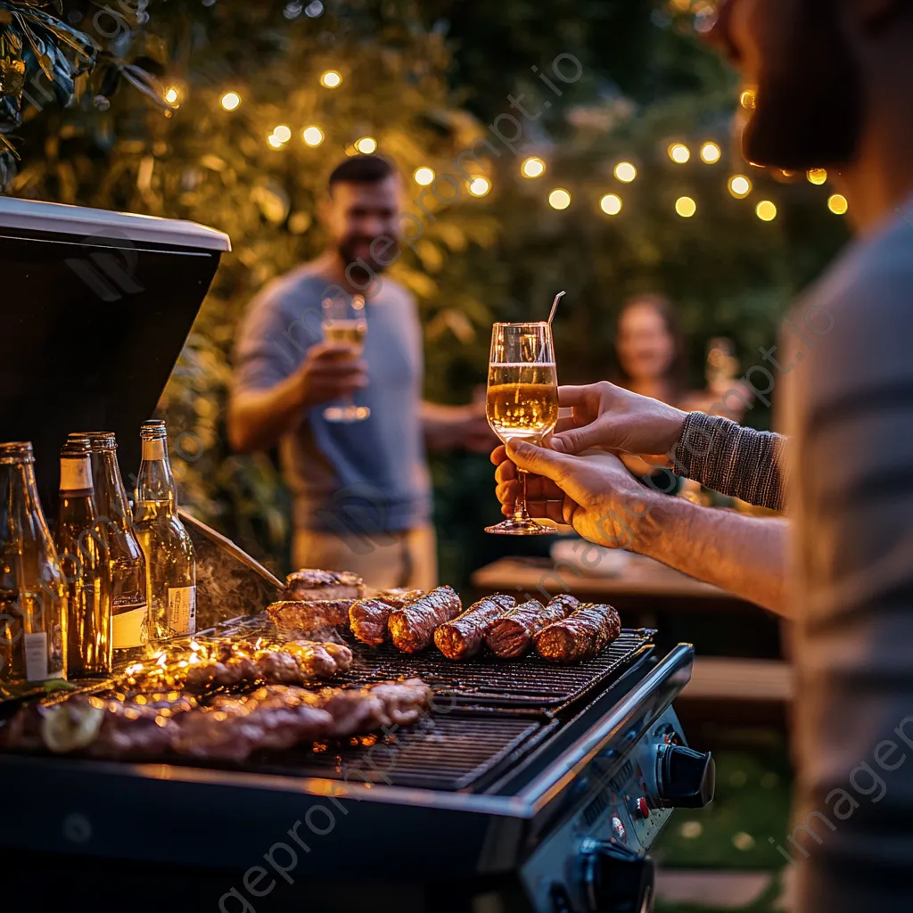 Friends toasting with drinks by a grill at dusk - Image 4