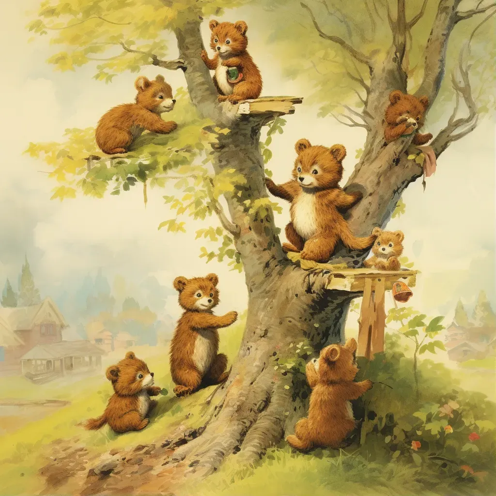 Image of a mother bear guiding her cubs to climb a tree - Image 1