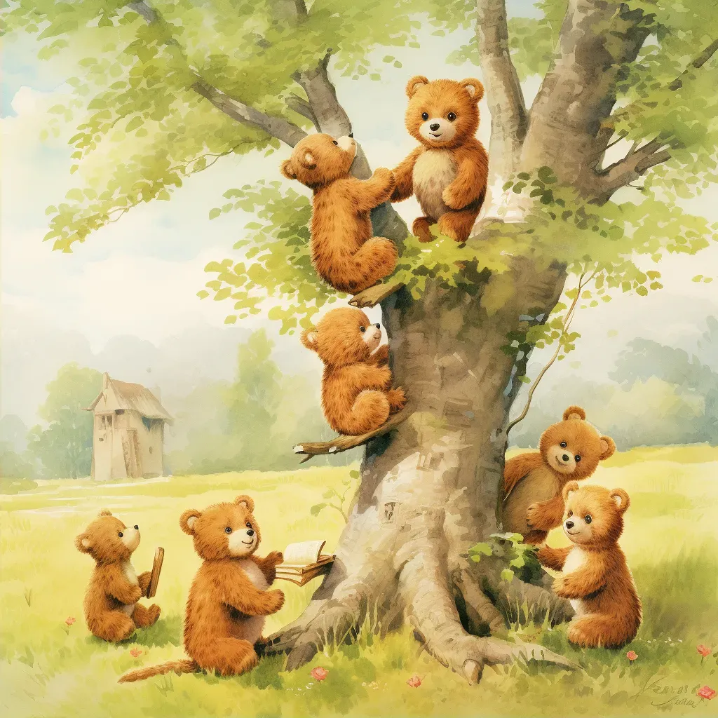 Image of a mother bear guiding her cubs to climb a tree - Image 2