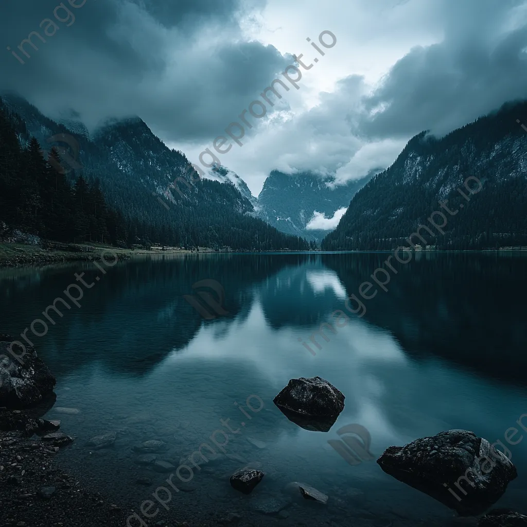 Thunderstorm over tranquil alpine lake reflecting dark clouds - Image 1