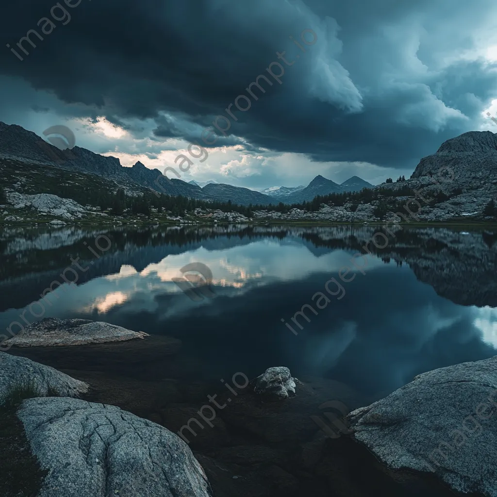 Thunderstorm over tranquil alpine lake reflecting dark clouds - Image 2