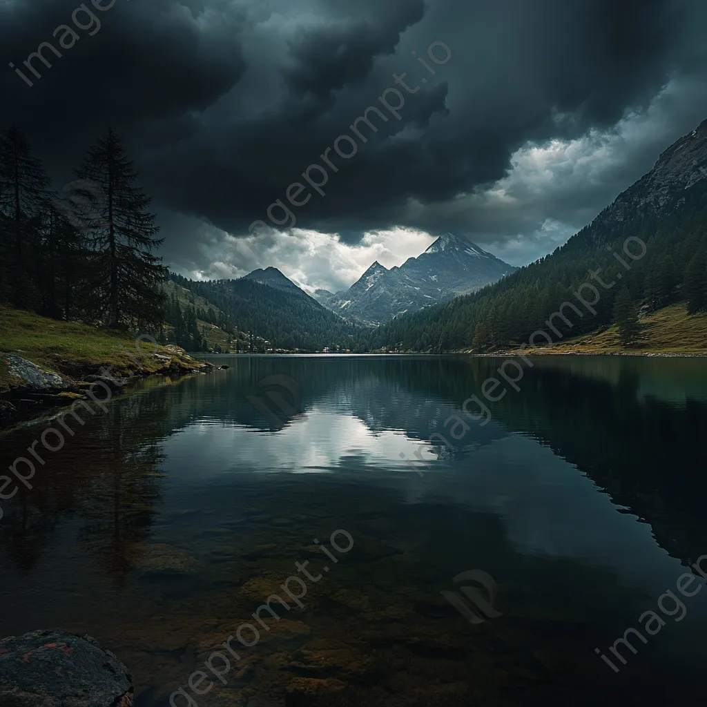 Thunderstorm over tranquil alpine lake reflecting dark clouds - Image 3