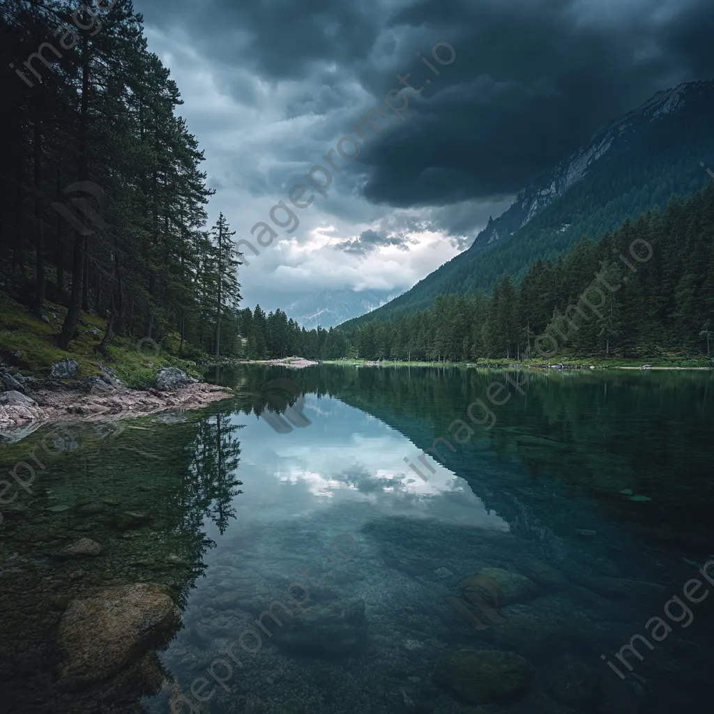 Thunderstorm over tranquil alpine lake reflecting dark clouds - Image 4