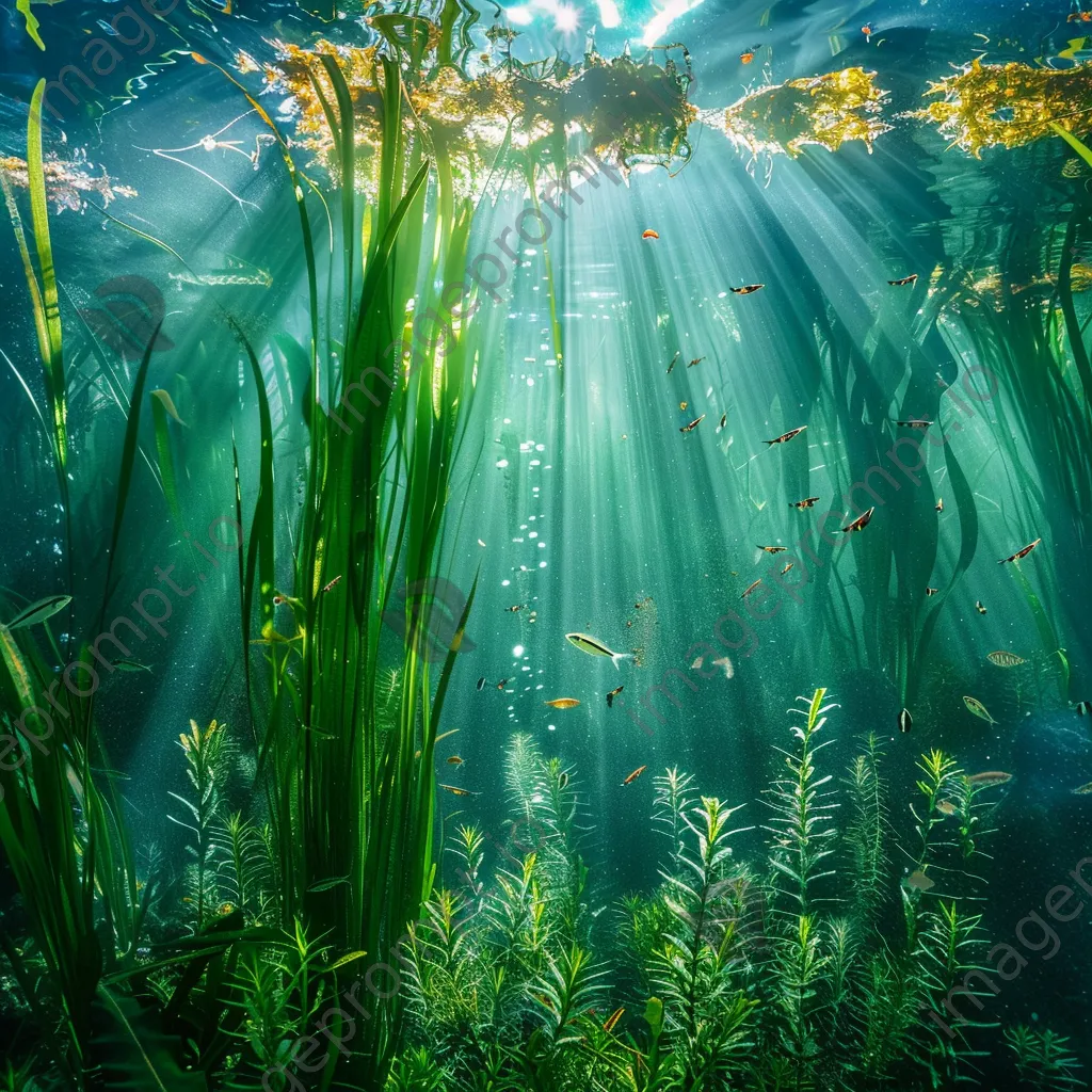 Underwater scene showing a meadow of seagrass with swimming fish. - Image 1