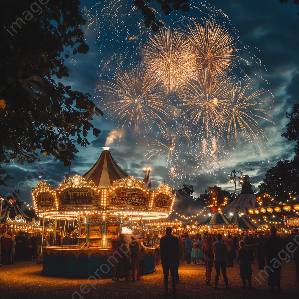Fireworks above a vintage carnival with people in retro clothing celebrating New Year