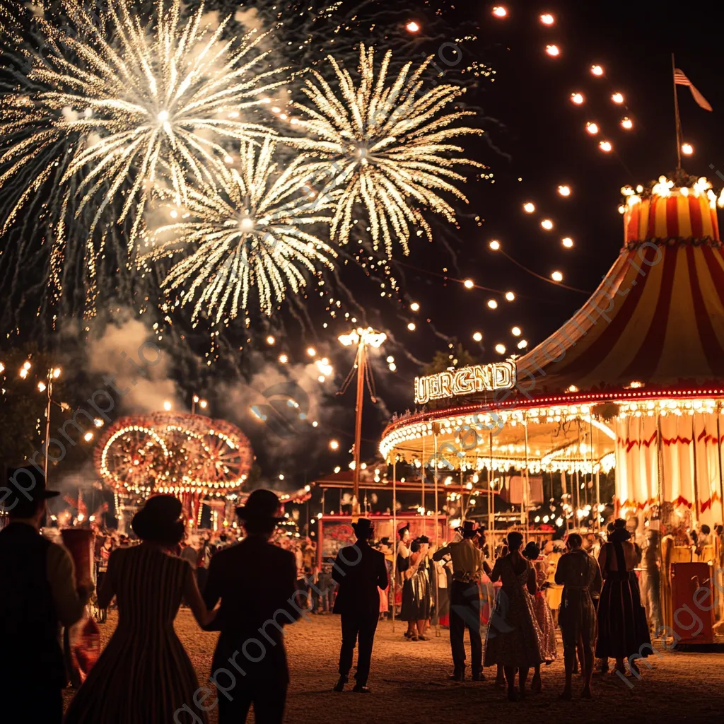 Fireworks above a vintage carnival with people in retro clothing celebrating New Year