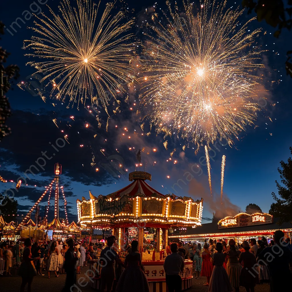 Fireworks above a vintage carnival with people in retro clothing celebrating New Year