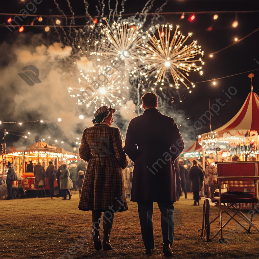 Fireworks above a vintage carnival with people in retro clothing celebrating New Year