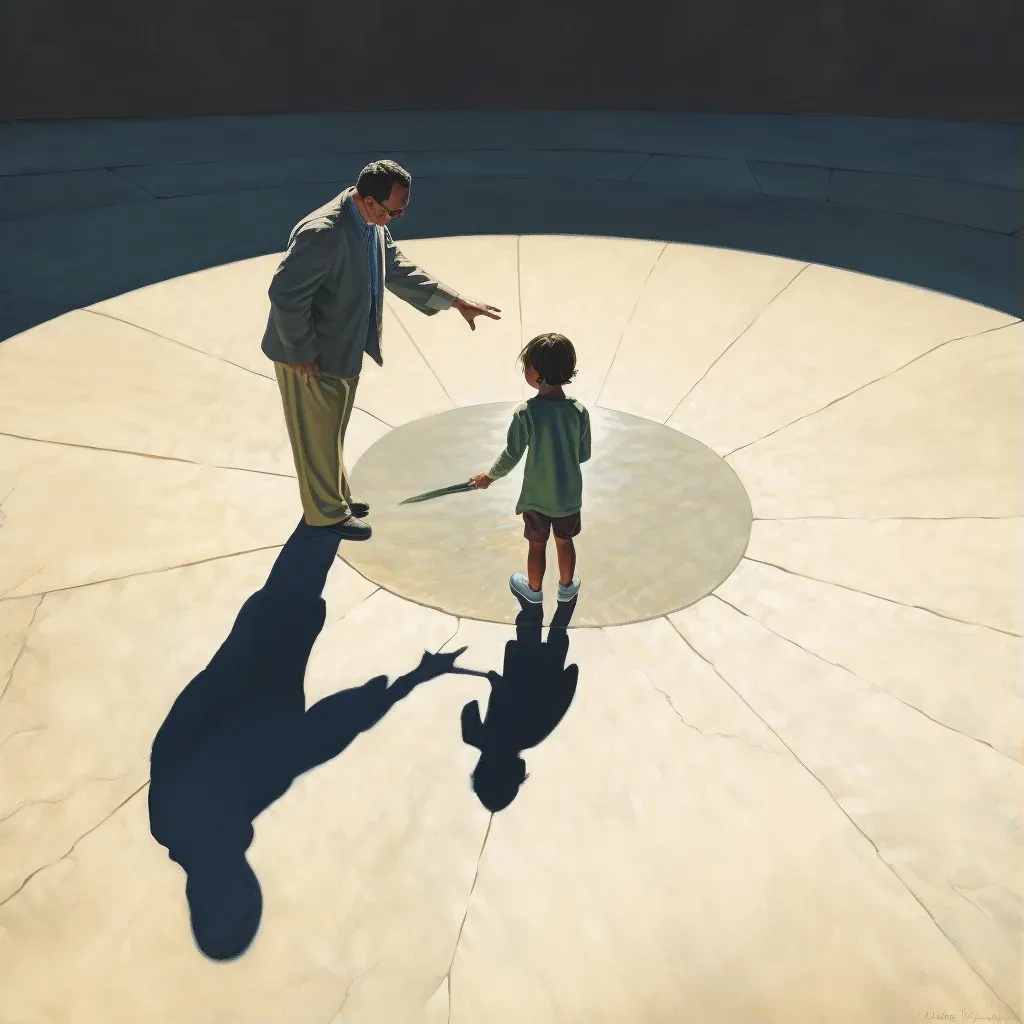 Child and elder holding hands before a sundial casting a long shadow - Image 1