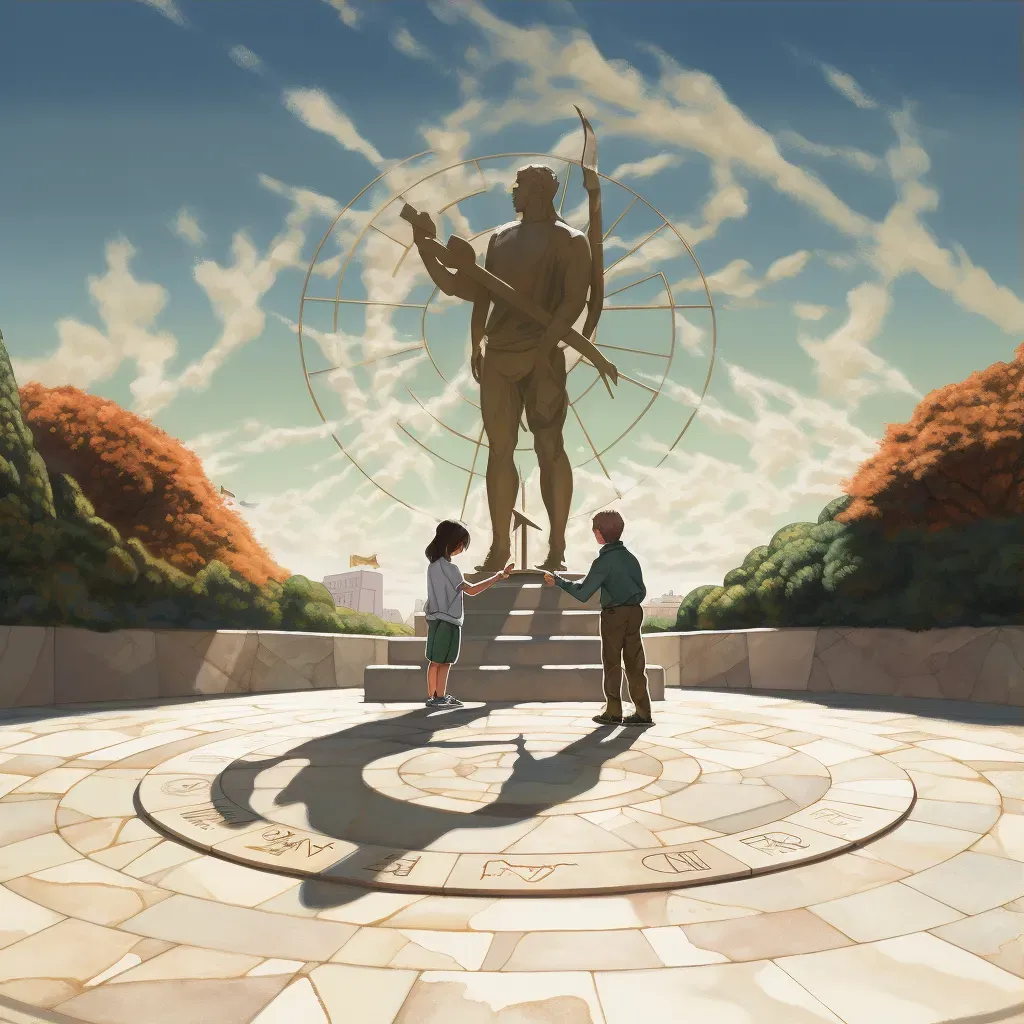 Child and elder holding hands before a sundial casting a long shadow - Image 3