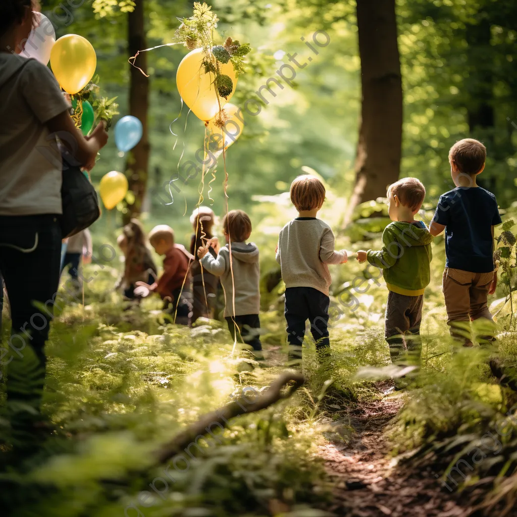 Children enjoying a whimsical woodland birthday party surrounded by nature. - Image 1