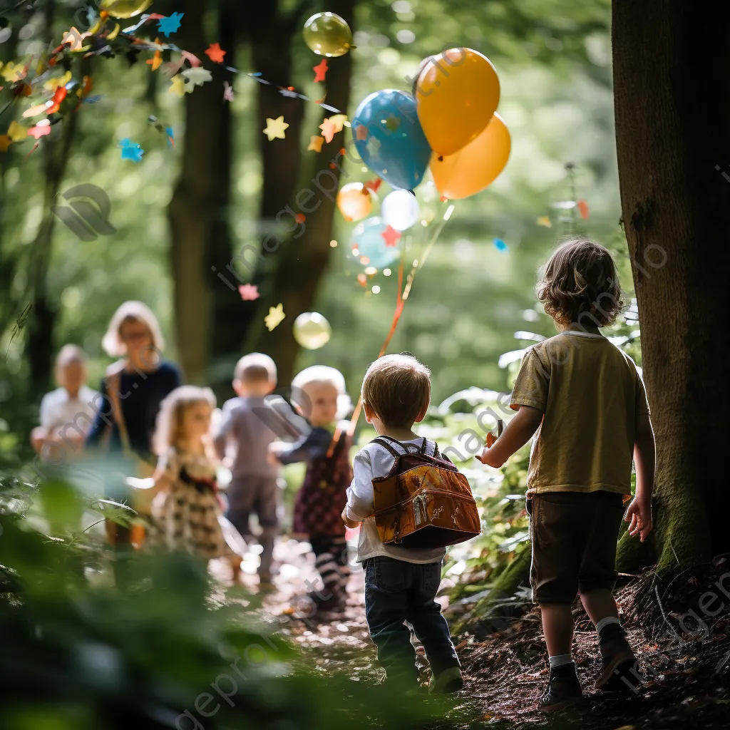 Children enjoying a whimsical woodland birthday party surrounded by nature. - Image 3