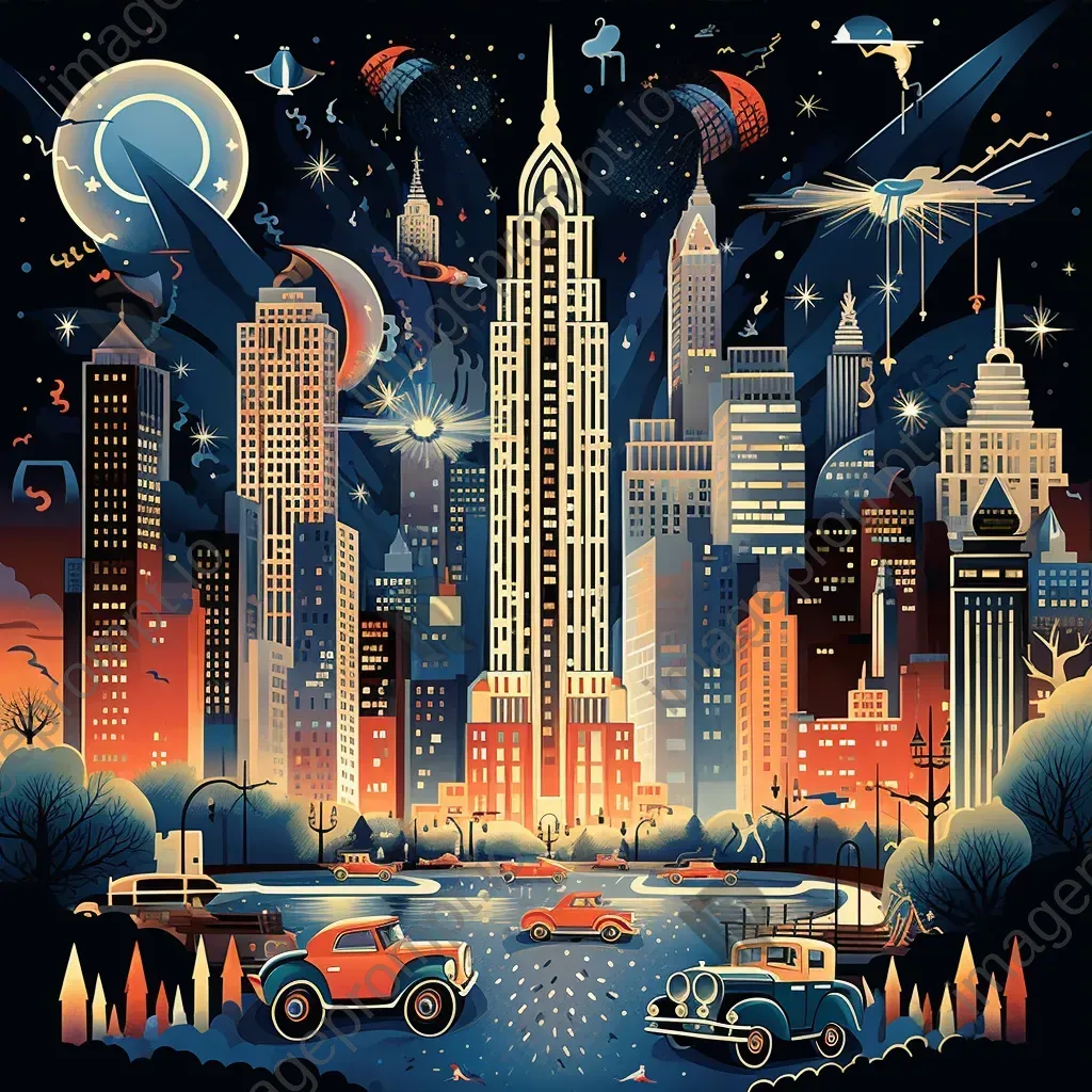 Art Deco depiction of 1920s New York cityscape with jazz clubs - Image 3