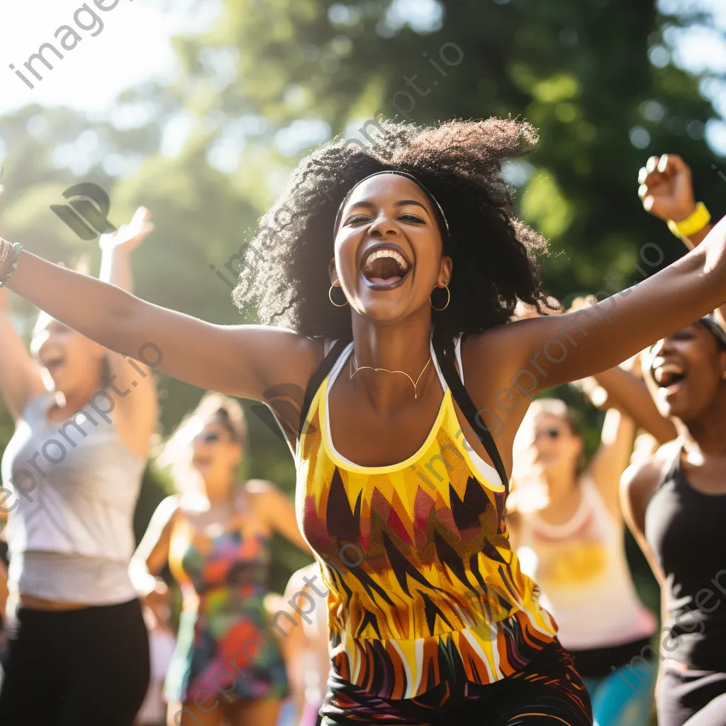 Participants participating in an outdoor Zumba class in a sunny park setting. - Image 1