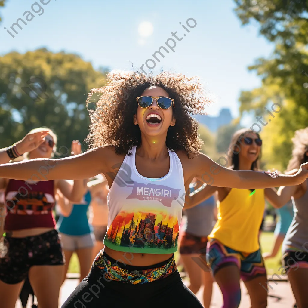 Participants participating in an outdoor Zumba class in a sunny park setting. - Image 3