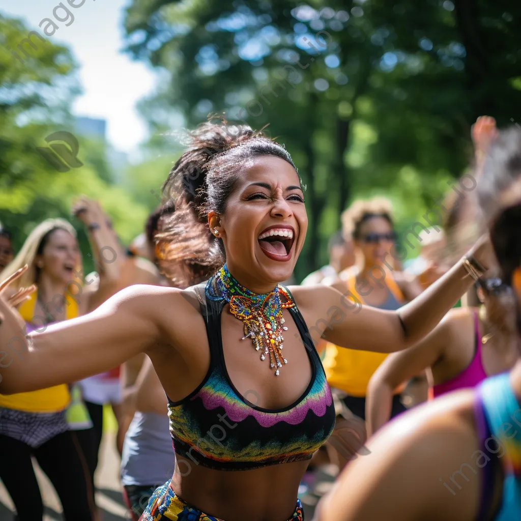 Participants participating in an outdoor Zumba class in a sunny park setting. - Image 4