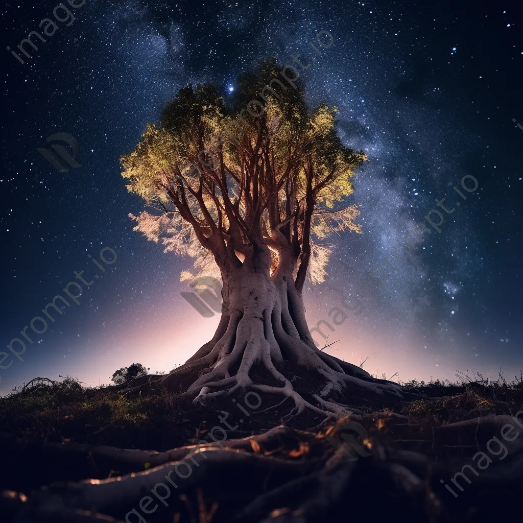 An upside down tree with roots in the sky against a star-filled background. - Image 1