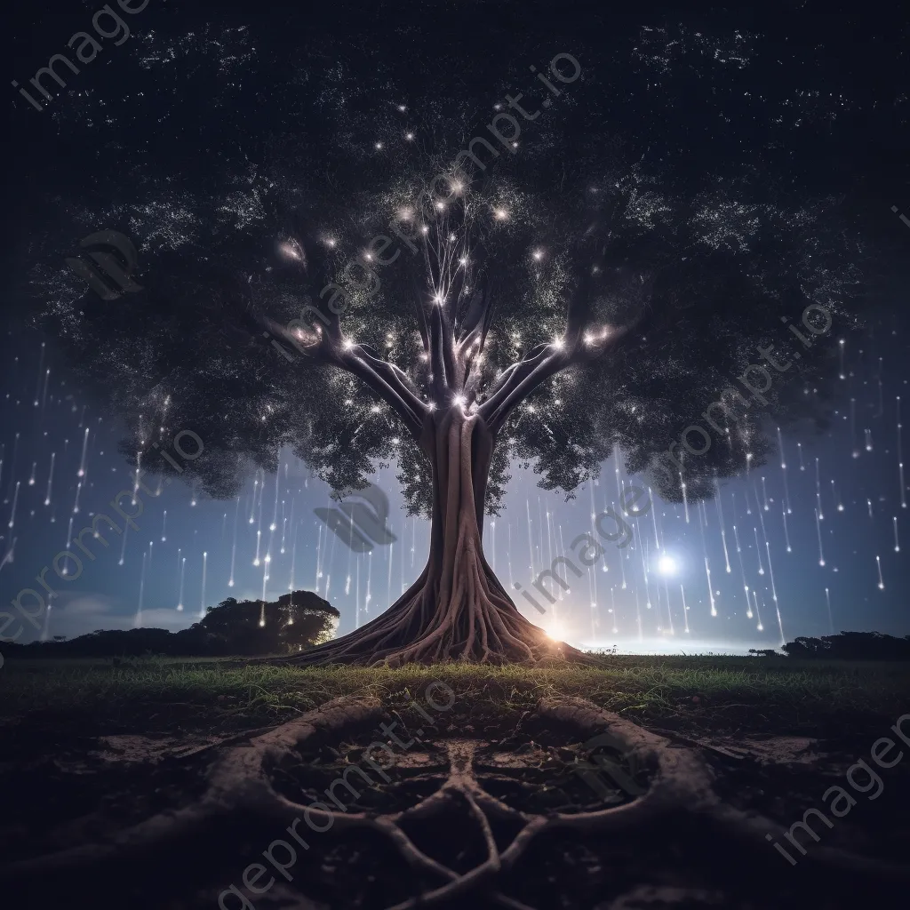 An upside down tree with roots in the sky against a star-filled background. - Image 2