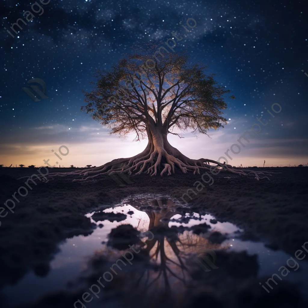 An upside down tree with roots in the sky against a star-filled background. - Image 4