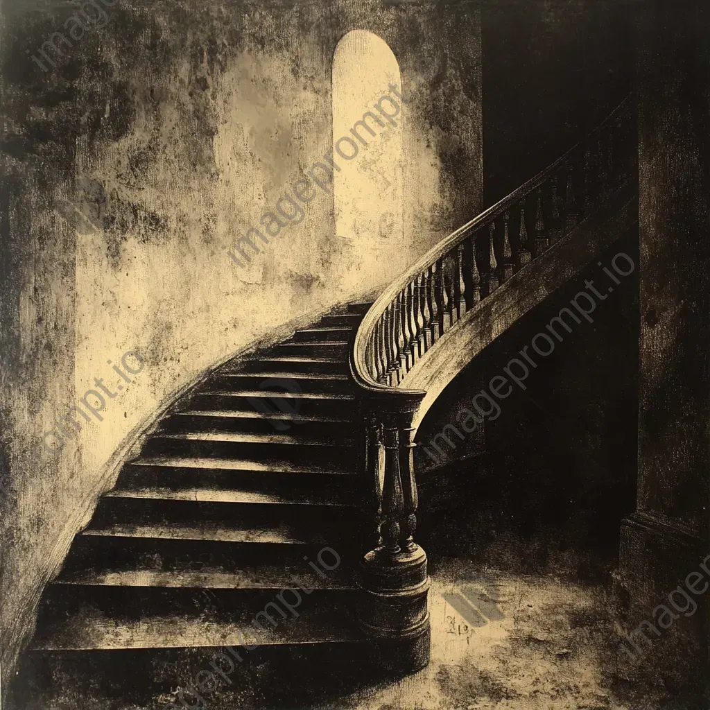 Eerie chiaroscuro scene of a winding staircase in a haunted manor under moonlight - Image 1